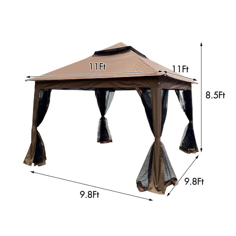 Outdoor 11X 11Ft Pop Up Gazebo Canopy With Removable Zipper Netting, 2 Tier Soft Top Event Tent, Suitable For Patio Backyard Garden Camping Area With 4 Sandbags - Brown