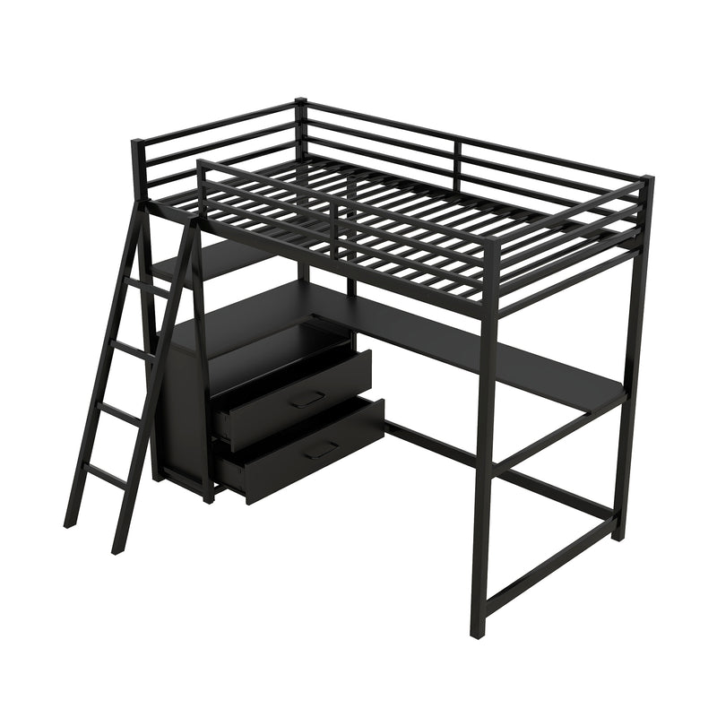 Twin Size Metal&Wood Loft Bed with Desk and Shelves, Two Built-in Drawers, Black