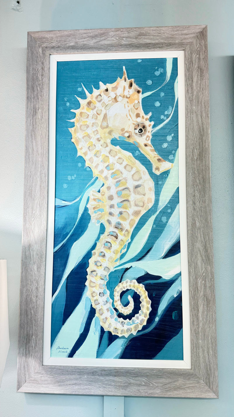 Seahorse on Teal A -Coastal Art.
