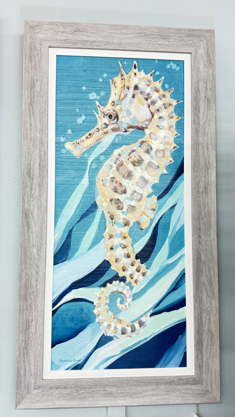 Seahorse on Teal B - Coastal Art.
