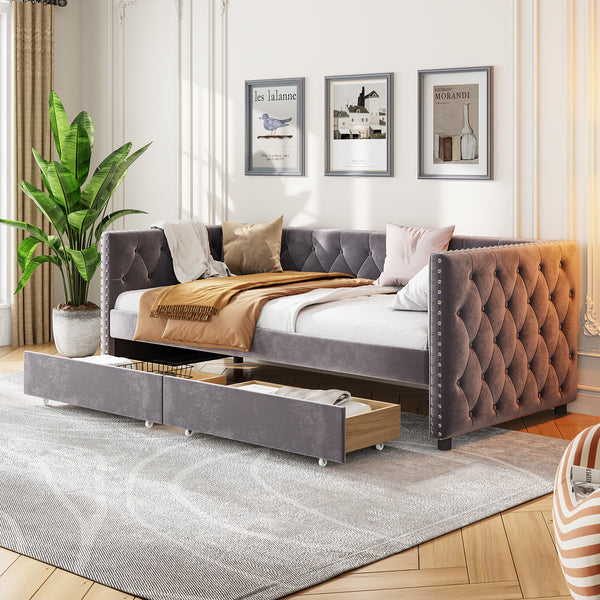 Sofa bed with drawers, modern velvet upholstered sofa bed with button tufted sofa bed frame with double drawers, bedroom living room furniture, Grey(83.47''x42.91''x30.71''')