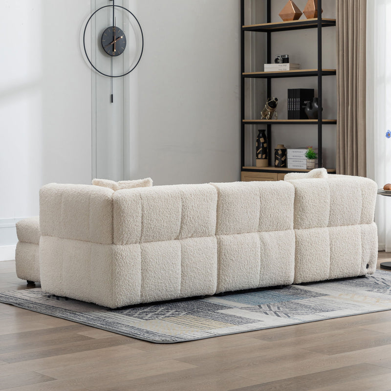 Sectional Sofa Cozy Teddy Fleece Sectional Sofa Couch With Two USB Ports A Movable Storage Ottoman And Two Lumbar Pillows For Living Room