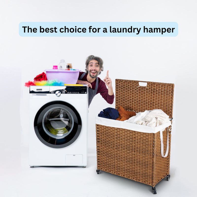 Laundry Hamper With Lid PE Rattan Powder Coating Frame Clothes Hampers With 2 Removable Bags