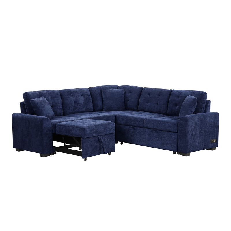 L-Shape Sofa Bed Pull-Out Sleeper Sofa With Wheels, USB Ports, Power Sockets For Living Room