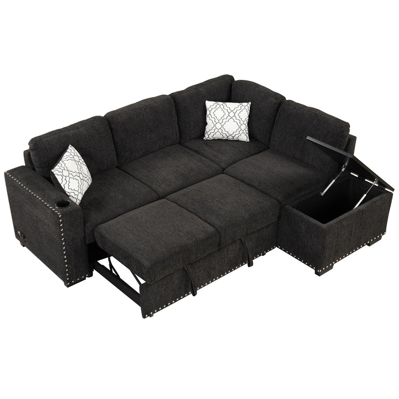 Sectional Pull-Out Sofa Bed L-Shaped Corner Sofa Couch With Storage Chaise, USB Ports, Power Sockets, Cup Holder For Living Room, Bedroom, Study