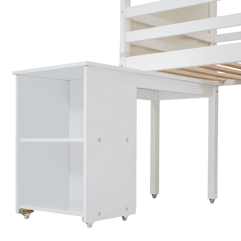 Twin Size Loft Bed with Rolling Cabinet, Shelf and Tent - White