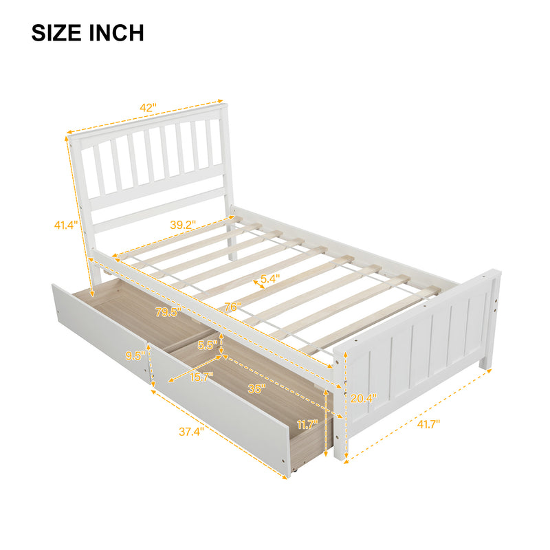 Twin size Platform Bed with Two Drawers, White