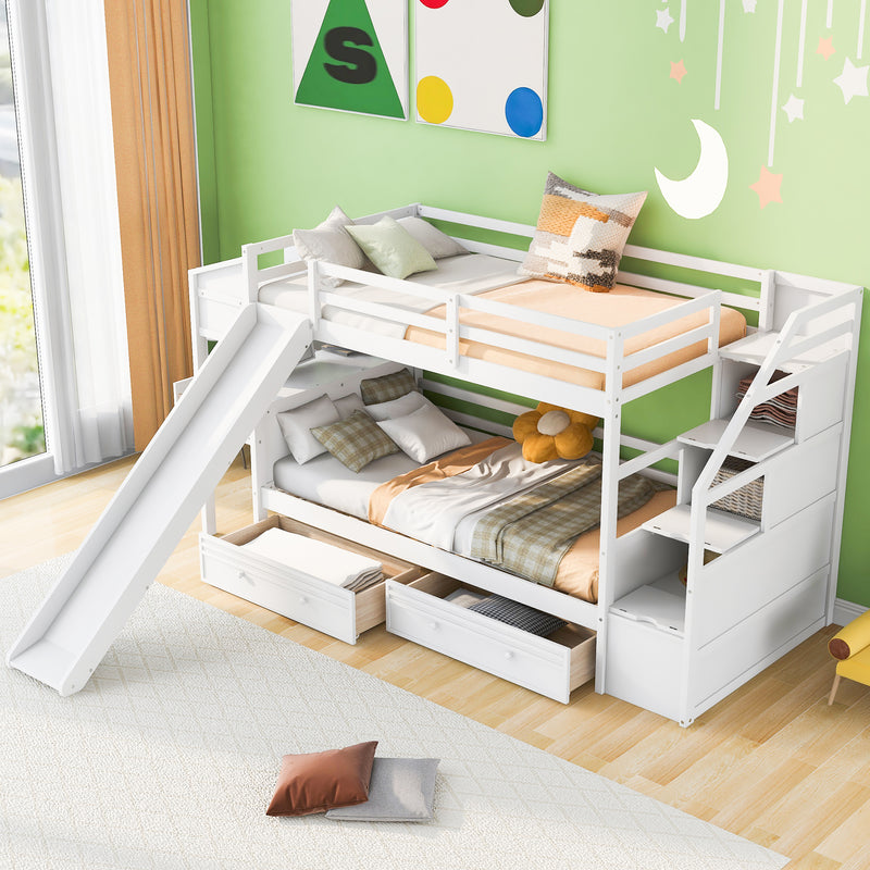 Twin over Twin Bunk Bed with Storage Staircase, Slide and Drawers, Desk with Drawers and Shelves, White