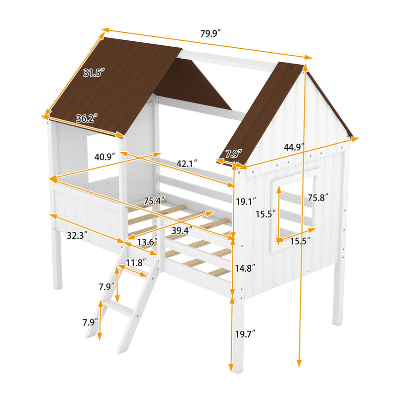 Low Loft Wood House Bed With Two Side Windows