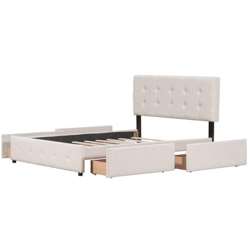 Queen Size Upholstered Platform Bed With Classic Headboard And 4 Drawers, No Box Spring Needed - Beige