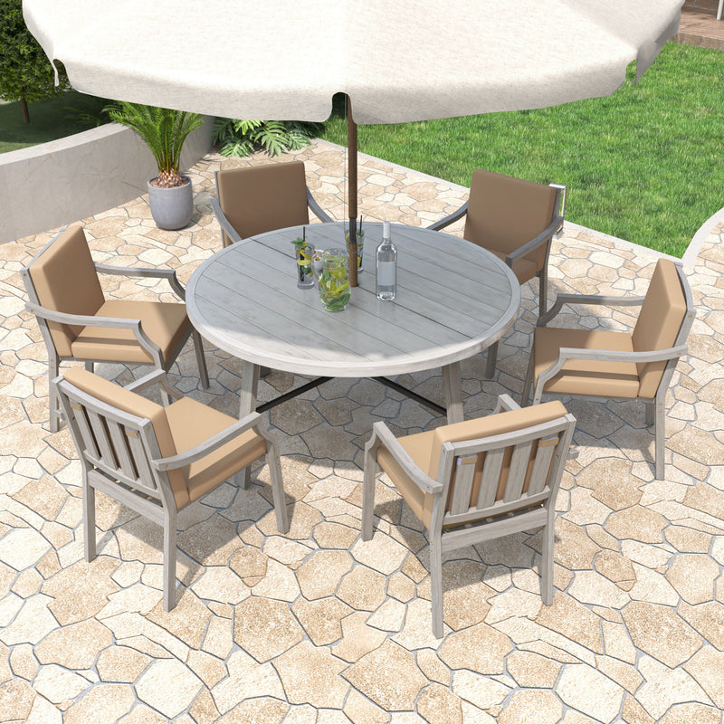 Outdoor Dinning Set 6 Person Dinning Set With An Umbrella Hole And Removable Cushions For Patio, Backyard, Garden - Antique Gray