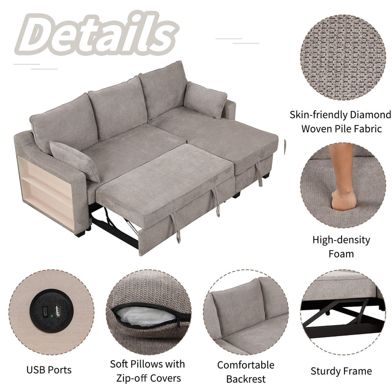 Pull Out Sleeper Sofa L-Shaped Couch Convertible Sofa Bed With Storage Chaise, Storage Racks And USB Ports