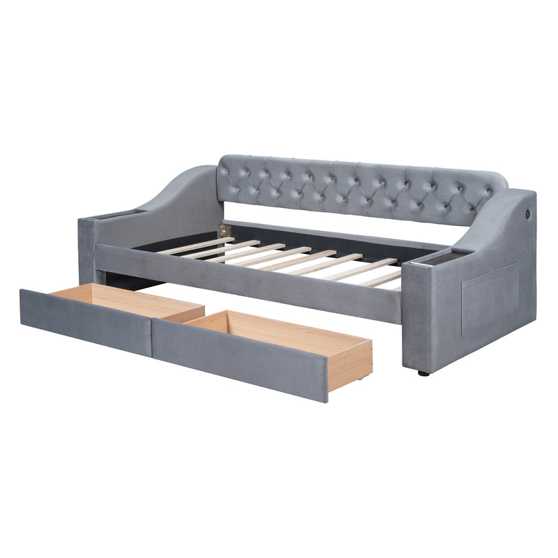 Twin Size Upholstered Daybed with Storage Armrests and USB Port, Gray