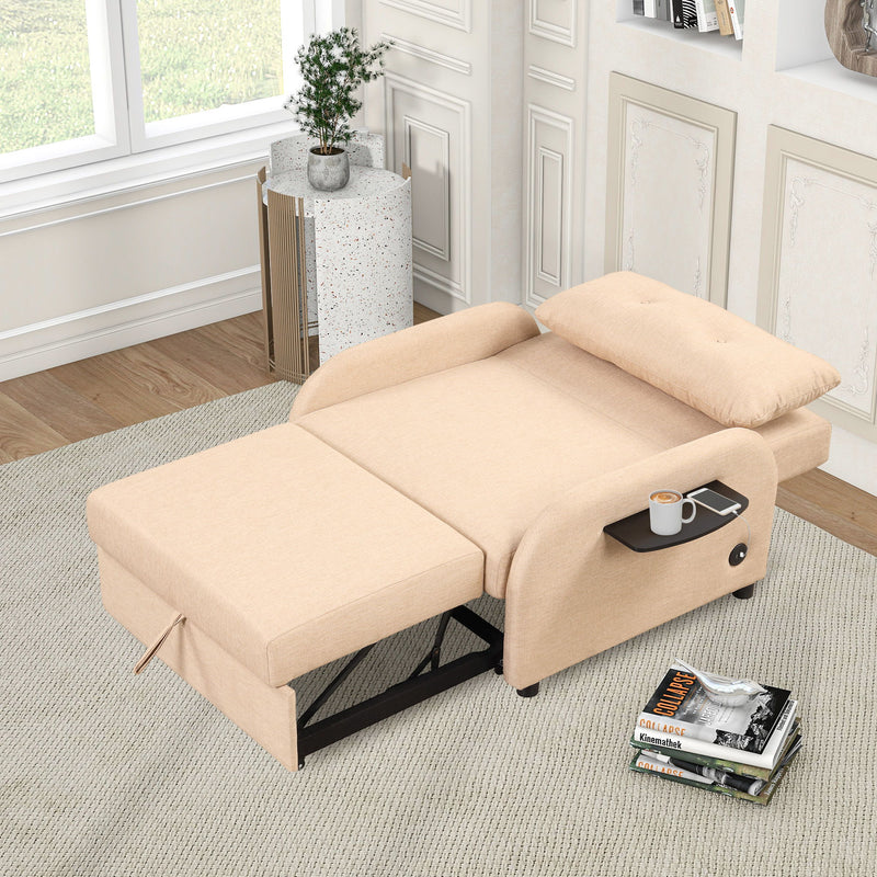 Pull Out Sofa Sleeper 3 In 1 With 2 Wing Table And USB Charge For Nap Line Fabric For Living Room Recreation Room