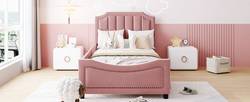 Twin Size Upholstered Daybed with Classic Stripe Shaped  Headboard, Pink