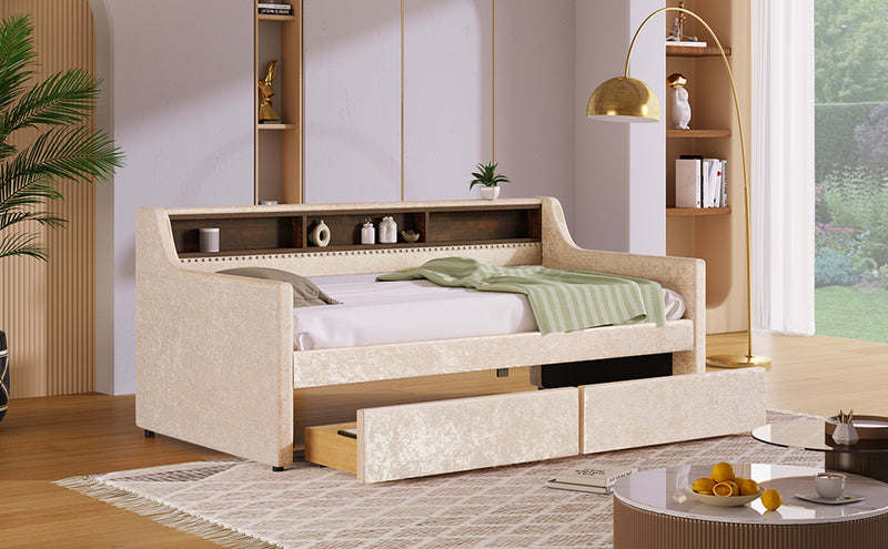 Twin Size Snowflake Velvet Daybed with Two Storage Drawers and Built-in Storage Shelves,Beige