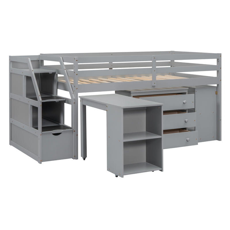 Twin Size Loft Bed with Retractable Writing Desk and 3 Drawers, Wooden Loft Bed with Storage Stairs and Shelves, Gray