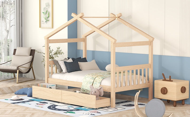 Twin Size Wooden House Bed with Drawers, Natural