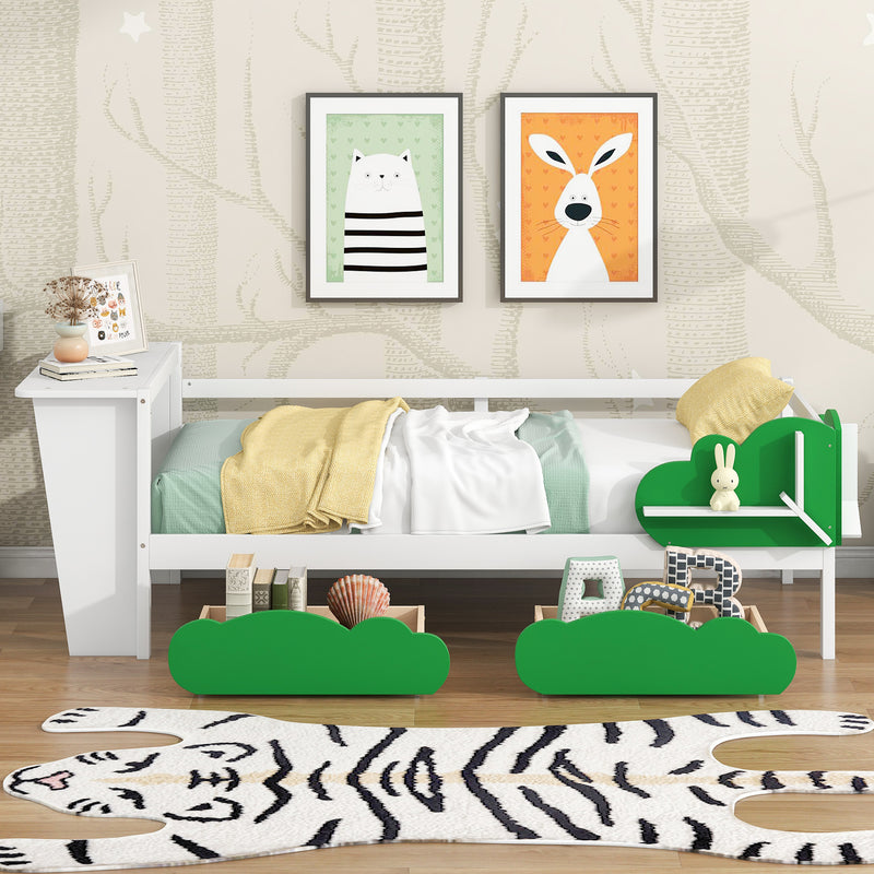 Twin Size Daybed with Desk, Green Leaf Shape Drawers and Shelves, White