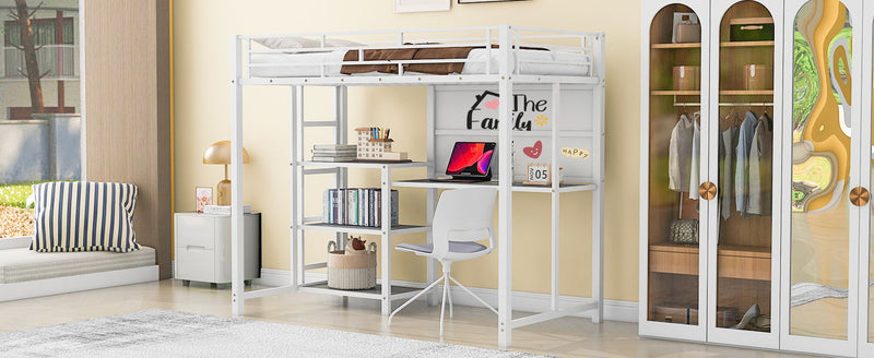 Twin Size Loft Bed With Desk And Whiteboard, Metal Loft Bed With 3 Shelves And Ladder - White