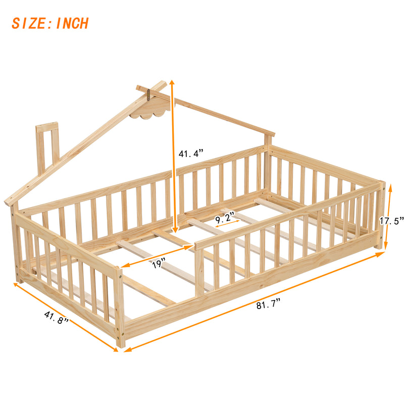 Twin House-Shaped Bedside Floor Bed with Guardrails, Slats, without Door ,Natural