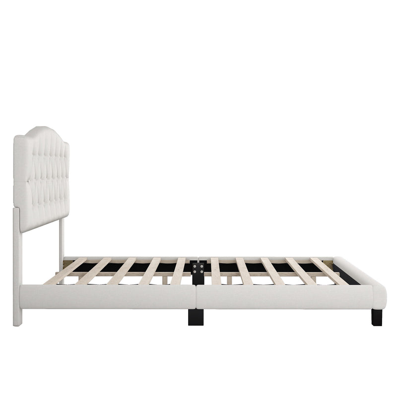 Queen Upholstered Platform Bed With Saddle Curved Headboard And Diamond Tufted Details - Beige