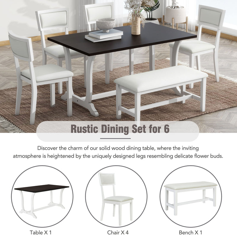 Topmax - 6 Piece Farmhouse Trestle Dining Table Set With Upholstered Dining Chairs And Bench - White