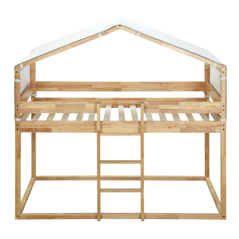 Twin Over Twin Bunk Bed Wood Bed with Tent, Natural