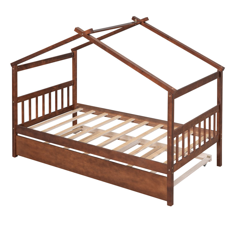 Twin Size Wooden House Bed With Twin Size Trundle Walnut