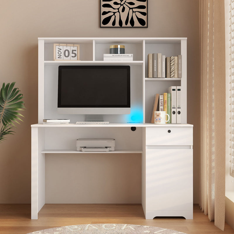 Computer Desk With Hutch & Bookshelf, Wood Executive Desk Teens Student Desk Writing Laptop Home Office Desk With Drawers, 3 Ac Outlets And 2 USB Charging Ports, Study Laptop Table For Home - White