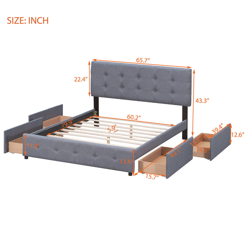 Queen Size Upholstered Platform Bed With Classic Headboard And 4 Drawers, No Box Spring Needed - Dark Gray