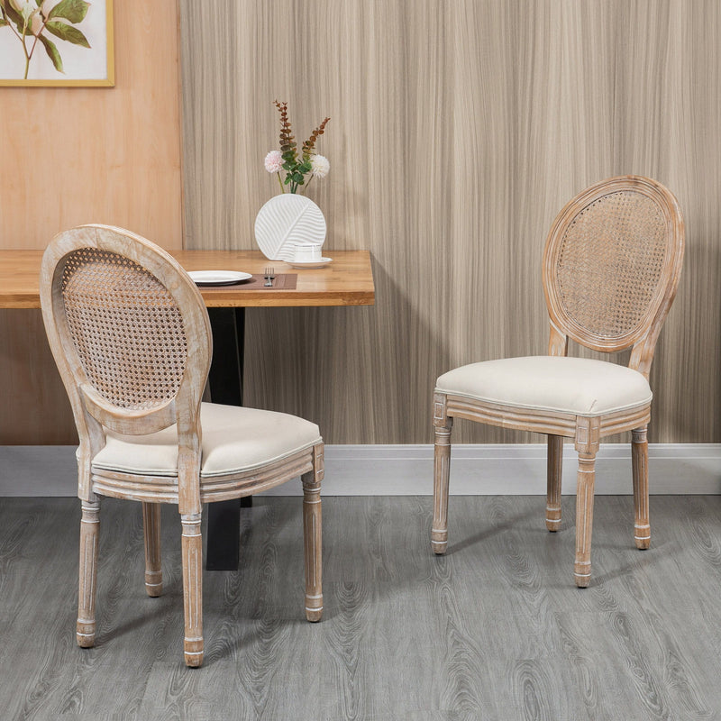 Homcom - French Style Upholstered Dining Chair Set, Armless Accent Side Chairs With Rattan Backrest And Linen-Touch Upholstery (Set of 2) - Cream White