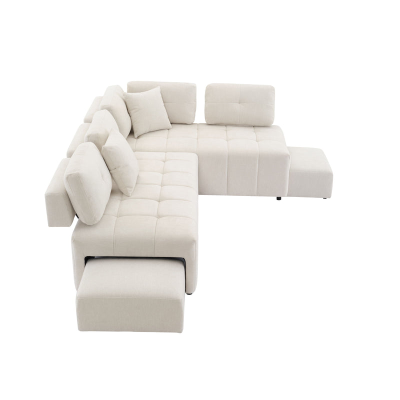 L-Shaped Sofa Sectional Sofa Couch With 2 Stools And 2 Lumbar Pillows For Living Room