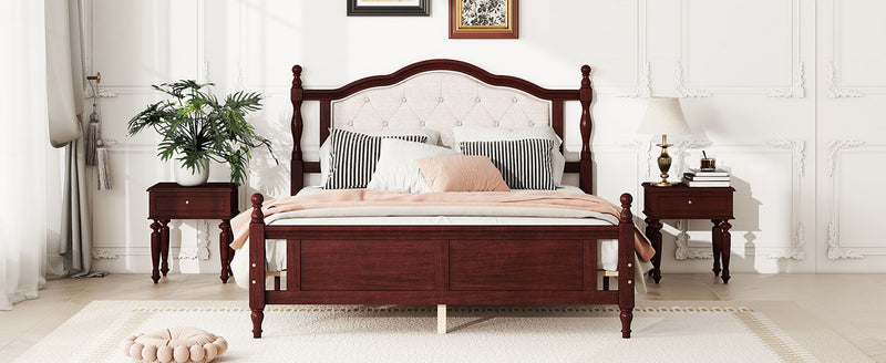 Pine Wooden Bed With Upholstered Headboard And Panel Footboard, With Two Bed Rail Support Feet And Central Platform Support Feet