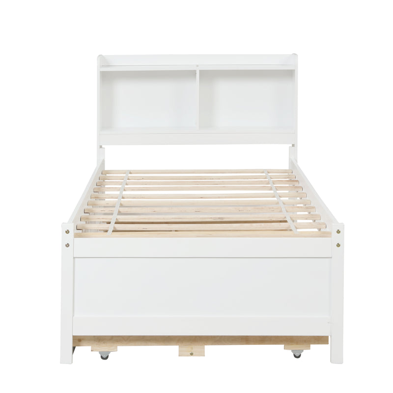 Twin Bed with Bookcase,Twin Trundle,Drawers,White