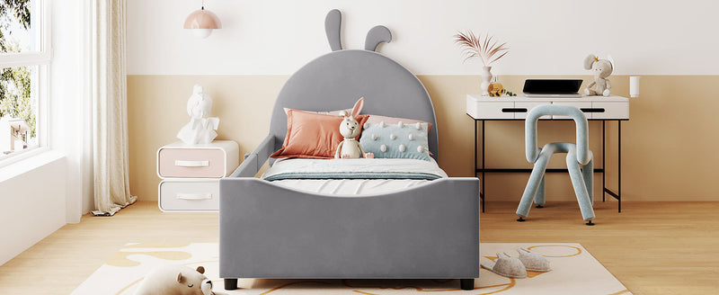 Twin Size Upholstered Daybed with Rabbit Ear Shaped Headboard, Gray