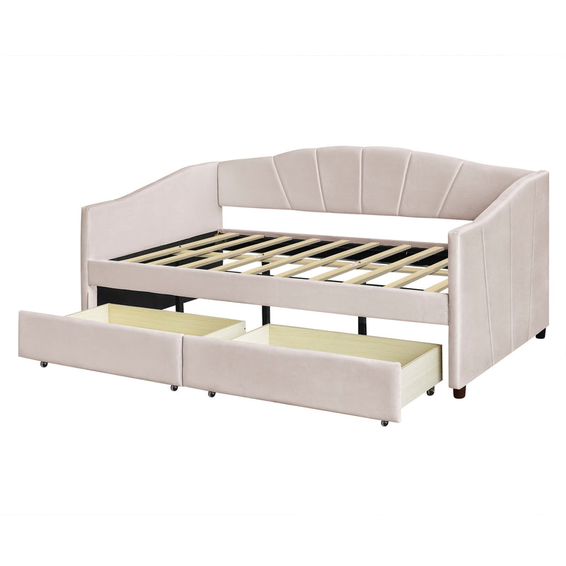 Twin Size Upholstered Daybed With Two Drawers And Wood Slat - Beige