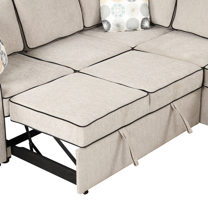 L-Shaped Pull Out Sofa Bed Modern Convertible Sleeper Sofa With 2 USB Ports, 2 Power Sockets And 3 Pillows For Living Room