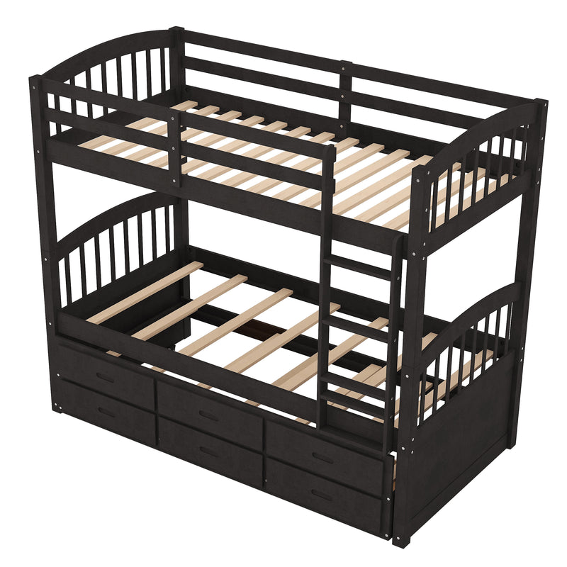 Twin over Twin Wood Bunk Bed with Trundle and Drawers, Espresso