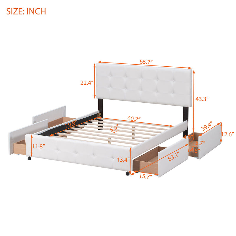 Queen Size Upholstered Platform Bed With Classic Headboard And 4 Drawers, No Box Spring Needed - White