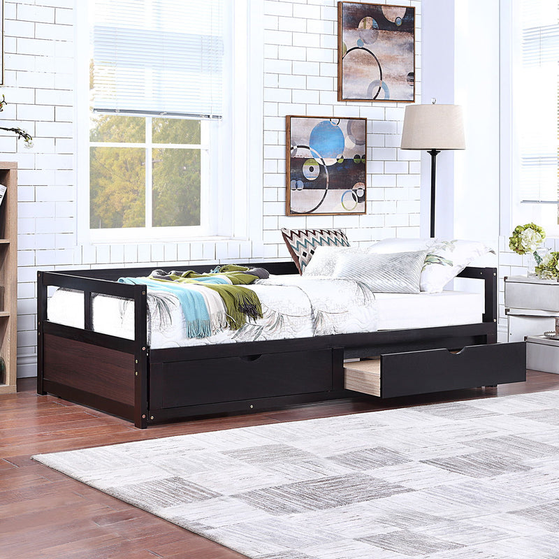 Wooden Daybed With Trundle Bed And Two Storage Drawers, Extendable Bed Daybed, Sofa Bed For Bedroom Living Room - Espresso