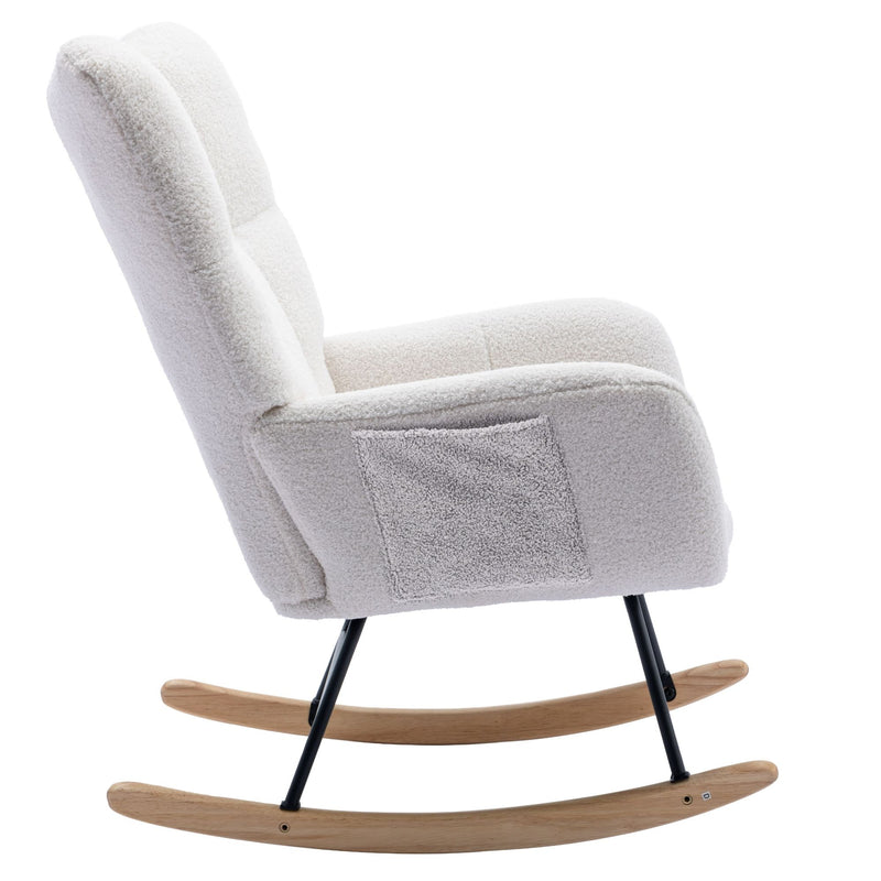 Rocking Chair With Pocket, Soft Teddy Fabric Rocking Chair For Nursery, Comfy Wingback Glider Rocker With Safe Solid Wood Base For Living Room