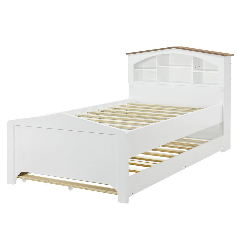 Twin Size Wood Platform Bed with House-shaped Storage Headboard and Trundle, White