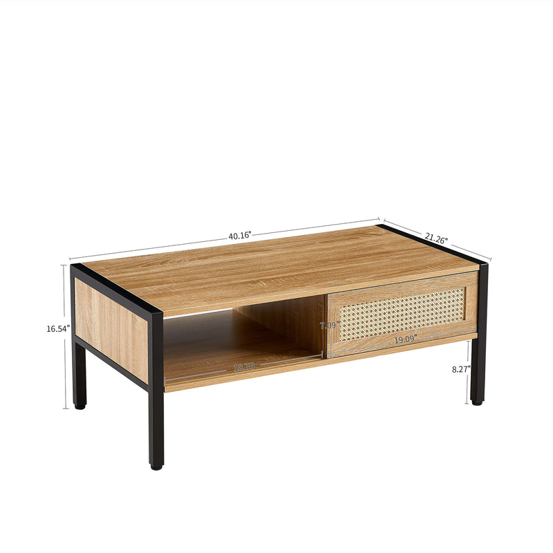 40.16" Rattan Coffee Table, Sliding Door For Storage, Metal Legs, Modern Table For Living Room