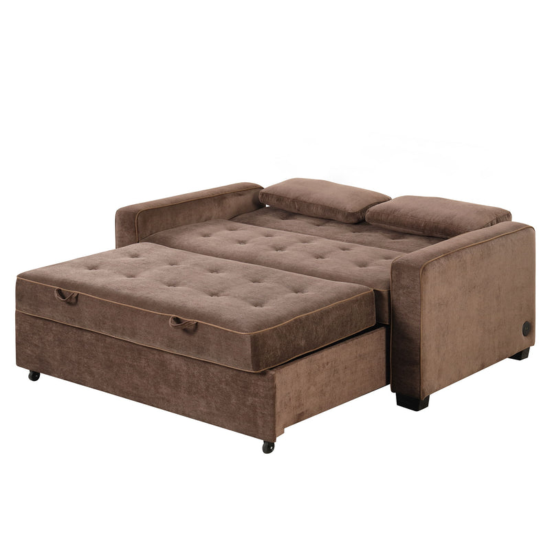 Upholstered Sleeper Bed, Pull Out Sofa Bed Couch Attached Two Throw Pillows, Dual USB Charging Port And Adjustable Backrest For Living Room Space