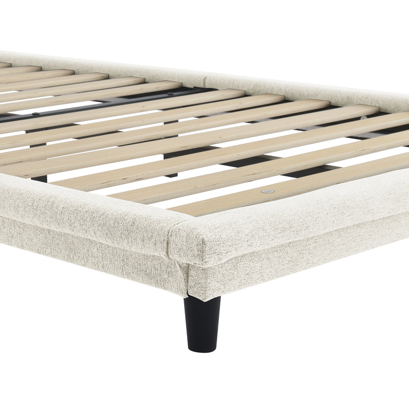 Twin Size Upholstered Bed with Light Stripe, Floating Platform Bed, Linen Fabric,Beige