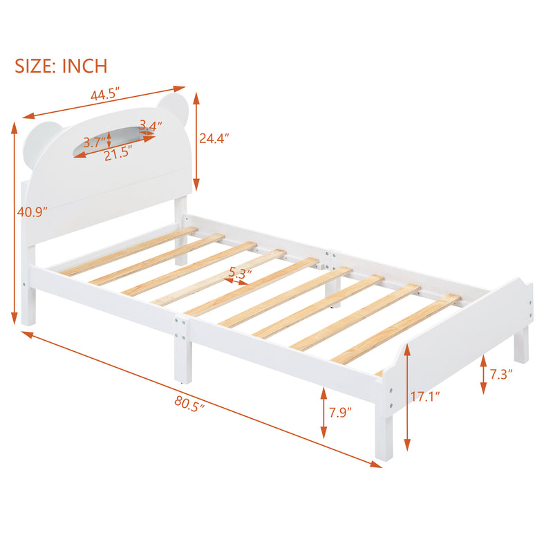 Twin Size Wood Platform Bed with Bear-shaped Headboard,Bed with Motion Activated Night Lights,White