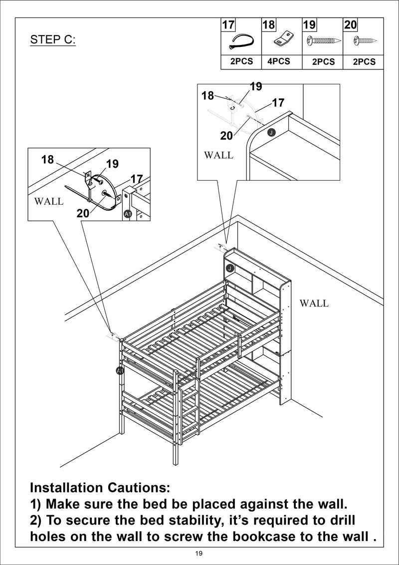 Twin Over Twin Bunk Beds with Bookcase Headboard, Solid Wood Bed Frame with Safety Rail and Ladder, Kids/Teens Bedroom, Guest Room Furniture, Can Be converted into 2 Beds, Grey