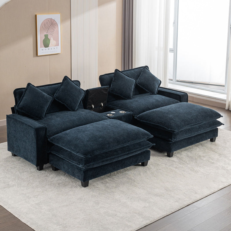 Sectional Sofa Chenille Upholstered Sofa With Two Removable Ottoman, Two USB Ports, Two Cup Holders And Large Storage Box For Living Room