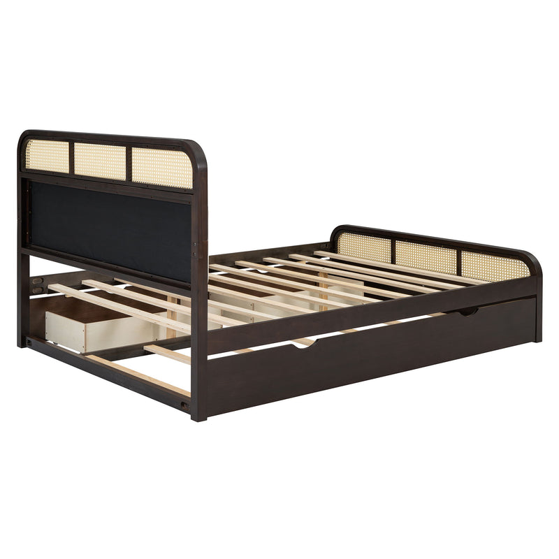 Wooden Platform Bed With Trundle And 2 Drawers